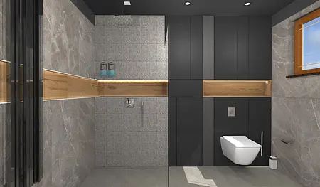 Wnętrze łazienki w stylu dopamine decor i minimalistycznym z szarymi i czarnymi akcentami.