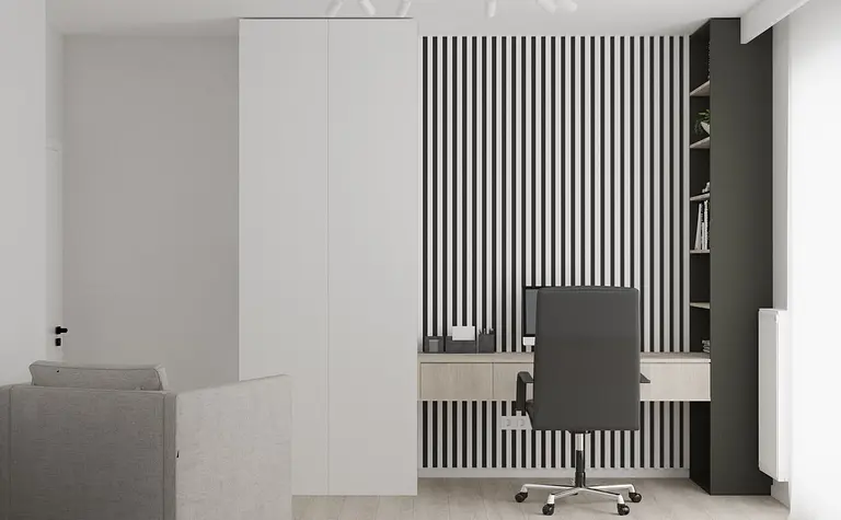 Wnętrze biura z minimalistycznym designem, nowoczesne meble, współczesne akcenty.