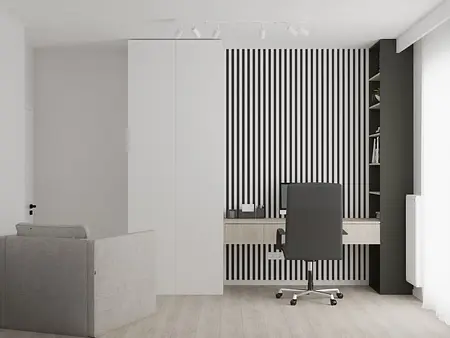 Wnętrze biura z minimalistycznym designem, nowoczesne meble, współczesne akcenty.