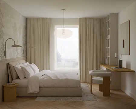 Wnętrze sypialni w stylu eklektycznym i minimalistycznym z jasnymi kolorami.