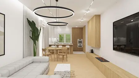Wnętrze salonu w stylu japandi, minimalistycznym i skandynawskim z drewnem i jasnymi akcentami.