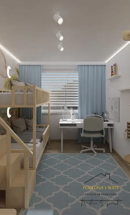 Pokój dziecięcy z łóżkiem piętrowym, biurkiem i niebieskimi zasłonami w stylu minimalistycznym.