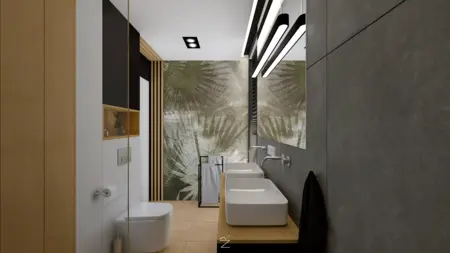 Nowoczesna łazienka z minimalistycznym wystrojem, dwiema umywalkami i roślinnymi detalami.