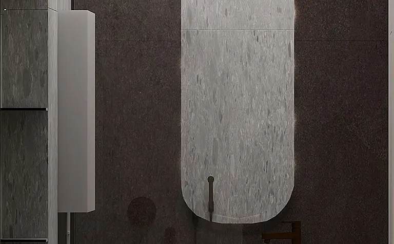 Nowoczesna łazienka z brązowymi i szarymi elementami, minimalistyczny design.