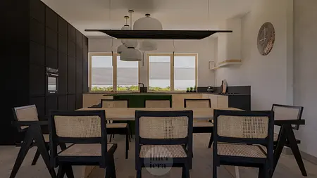 Kuchnia w stylu japandi i minimalistycznym z czarnymi meblami i drewnianym stołem.