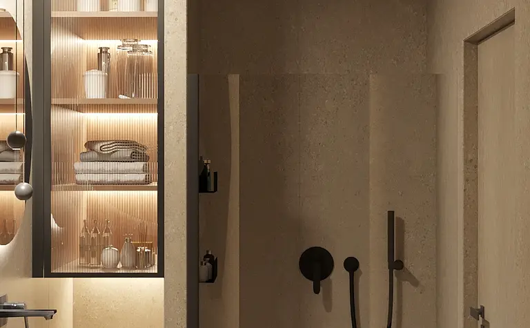 Nowoczesna łazienka z minimalistycznym designem, soft minimalizm, beżowe ściany i półki.