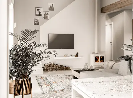 Wnętrze salonu w stylu boho i skandynawskim z roślinami.