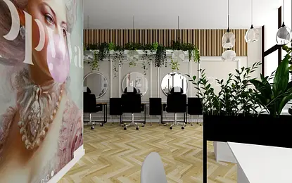 Salon fryzjerski z roślinami oraz nowoczesnymi lustrami.
