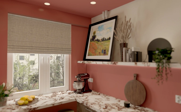 Kuchnia w stylu dopamine decor, minimalistyczna, z różowymi ścianami i marmurowym blatem
