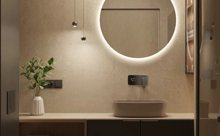 Nowoczesna łazienka z okrągłym lustrem, minimalistycznym designem i naturalnymi materiałami.