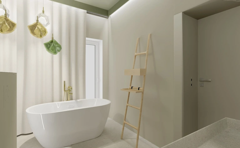 Wnętrze łazienki z białą wanną, złotymi lampami i minimalistycznym designem boho oraz japandi.