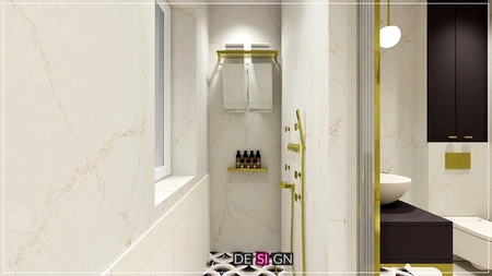 Nowoczesna łazienka w stylu art deco z białymi kaflami i złotymi detalami.
