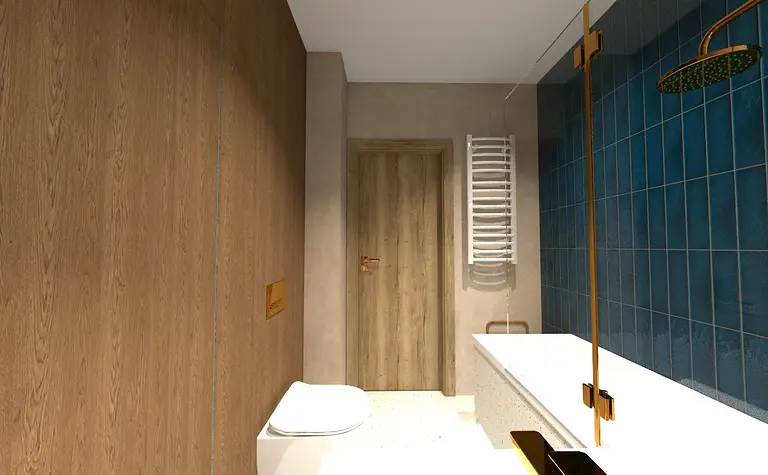 Współczesna łazienka z drewnianymi ścianami i niebieskimi kafelkami.