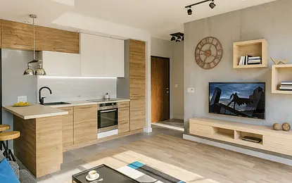 Nowoczesna kuchnia w stylu eklektycznym i minimalistycznym, z drewnianymi elementami.