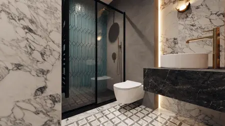 Wnętrze łazienki w stylu art deco z eleganckimi akcentami.