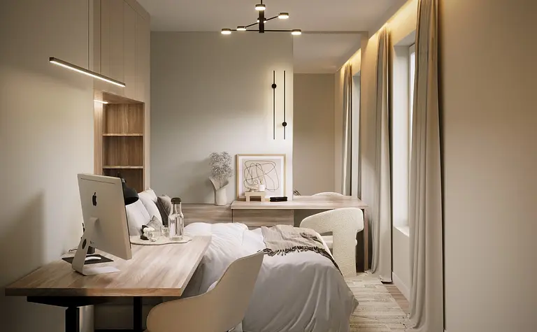 Wnętrze pokoju z biurkiem, łóżkiem i minimalistycznym designem.