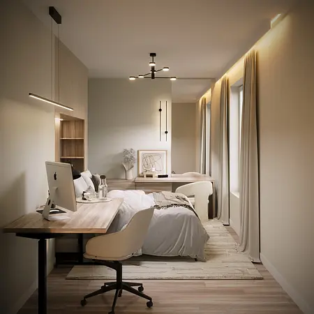 Wnętrze pokoju z biurkiem, łóżkiem i minimalistycznym designem.