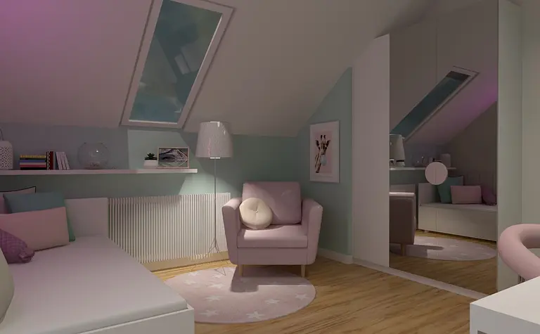 Wnętrze poddasza z różowym fotelem, drewnianą podłogą, w stylu art deco, boho i nowoczesnym.