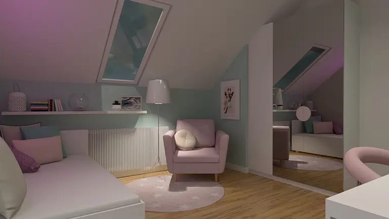 Wnętrze poddasza z różowym fotelem, drewnianą podłogą, w stylu art deco, boho i nowoczesnym.