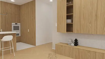 Wnętrze kuchni japandi i minimalistycznej z drewnem i białymi akcentami.
