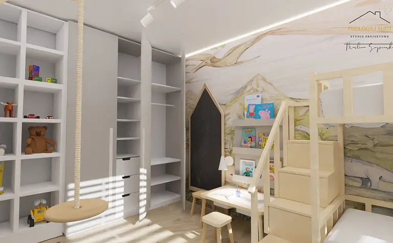 Pokój dla dzieci z drewnianymi mebelkami, półkami i zabawkami w stylu minimalistycznym.