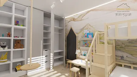 Pokój dla dzieci z drewnianymi mebelkami, półkami i zabawkami w stylu minimalistycznym.