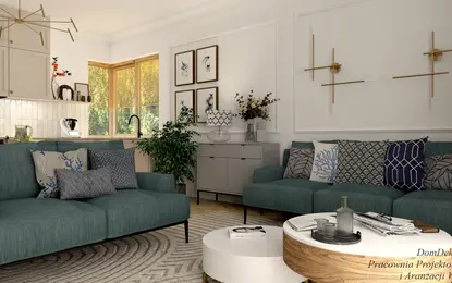 Wnętrze salonu w stylu art deco, eklektycznym i vintage z niebieskimi sofami.
