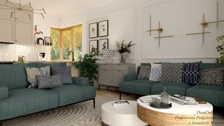 Wnętrze salonu w stylu art deco, eklektycznym i vintage z niebieskimi sofami.