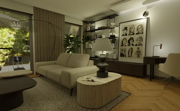 Wnętrze salonu eklektycznego z beżową sofą, drewnianym stolikiem i roślinami.