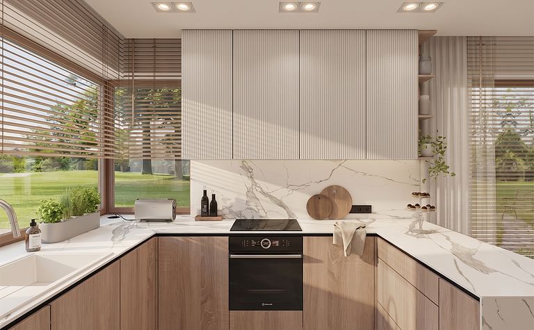 Kuchnia w stylu minimalistycznym i minimaluxe z drewnianymi meblami.