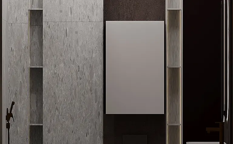 Wnętrze nowoczesnej łazienki z szarym wykończeniem i białymi meblami.