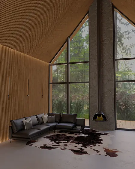 Wnętrze salonu w stylu industrialnym z dużymi oknami i skórzanym kompletem mebli.