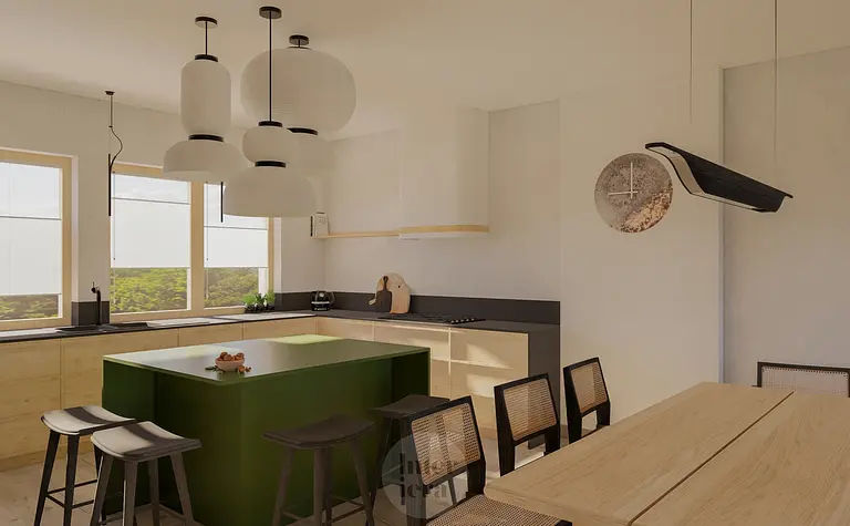 Kuchnia w stylu japandi i minimalistycznym z zielonym blatem, drewnianymi meblami i nowoczesnym oświetleniem.