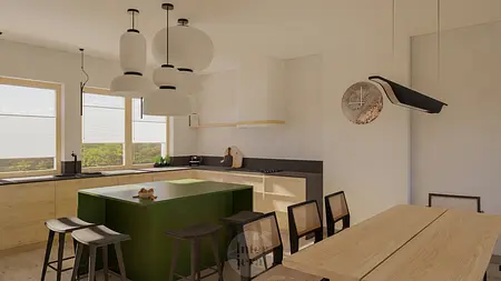 Kuchnia w stylu japandi i minimalistycznym z zielonym blatem, drewnianymi meblami i nowoczesnym oświetleniem.