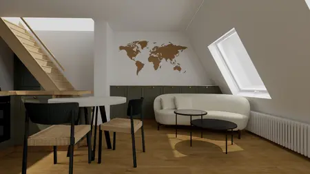 Wnętrze pokoju w stylu boho i eklektycznym z drewnianymi akcentami.