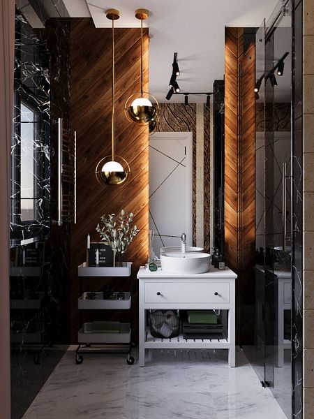 Ciemna łazienka z dużą ilością tekstur 