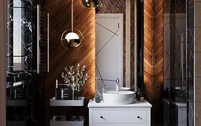 Ciemna łazienka z dużą ilością tekstur 