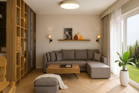 Wnętrze salonu w stylu boho, japandi i nowoczesnym z szarym narożnikiem i drewnianym stolikiem.