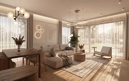 Salon w stylu japandi i minimalistycznym z jasnym dywanem i roślinami