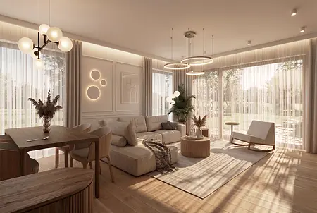 Salon w stylu japandi i minimalistycznym z jasnym dywanem i roślinami