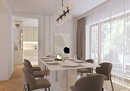 Jadalnia z białym stołem, szarymi krzesłami i nowoczesnym oświetleniem.