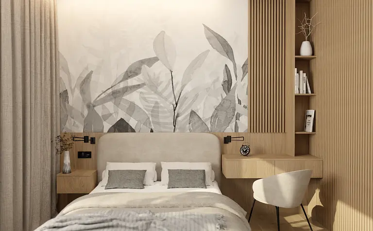 Wnętrze sypialni z szarym łóżkiem, drewnianą ścianą i minimalistycznym stylem.