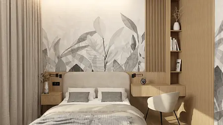 Wnętrze sypialni z szarym łóżkiem, drewnianą ścianą i minimalistycznym stylem.