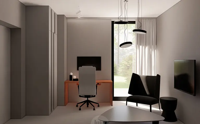 Eklektyczny gabinet z minimalistycznym biurkiem i nowoczesnym oświetleniem.