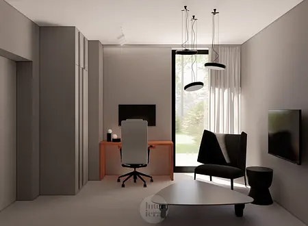 Eklektyczny gabinet z minimalistycznym biurkiem i nowoczesnym oświetleniem.