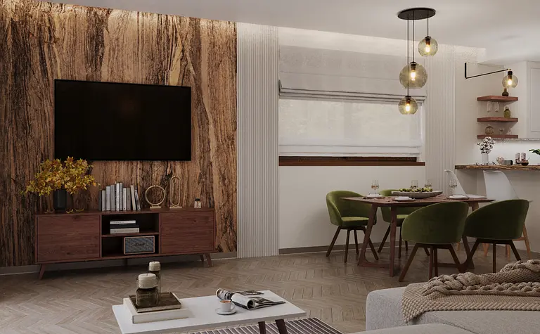 Nowoczesne wnętrze salonu z drewnianą ścianą, zielonymi krzesłami i stołem