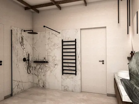 Nowoczesna łazienka z marmurowymi ścianami, minimalistycznym designem i rustykalnymi detalami.