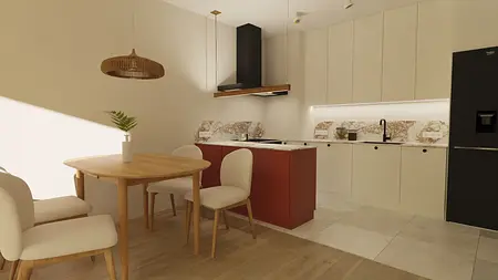 Wnętrze kuchni z białymi meblami, drewnianym stołem, nowoczesnymi akcentami i minimalistycznym stylem.