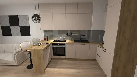 Nowoczesna kuchnia z jasnymi meblami i drewnianym blatem. Współczesny styl.