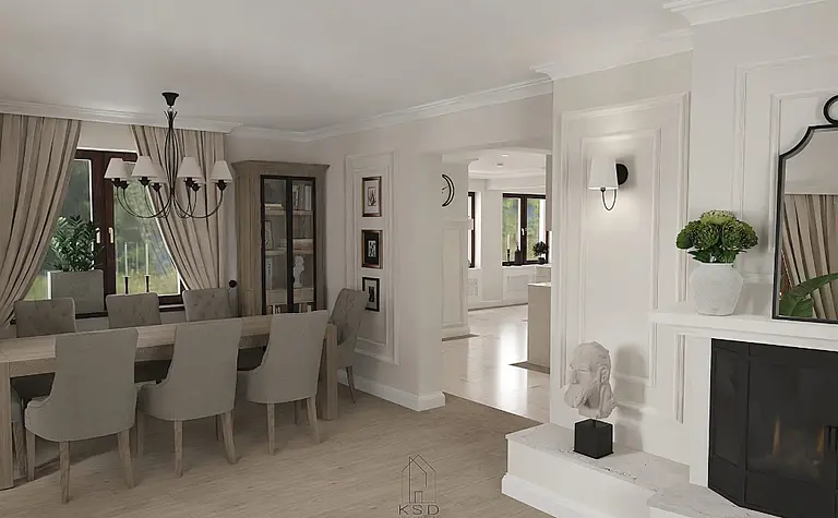 Wnętrze jadalni z drewnianym stołem, szarymi krzesłami i eleganckimi dodatkami w stylu quiet luxury.